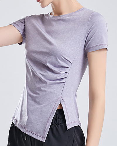 Slim Side Slit Ruched Solid Color Short Sleeve Summer Thin Plus Size Yoga Pink Blue Khaki Purple S-5XL