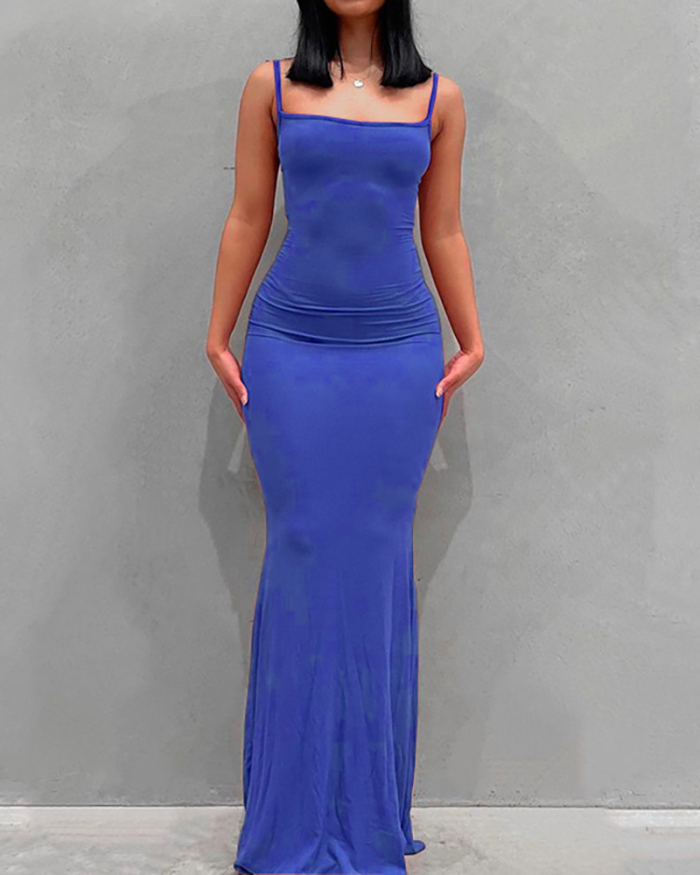 Fashion Solid Color Sleeveless Square Collar Slim Tight Long Dress Maxi Dresses Multi-color Options XS-3XL
