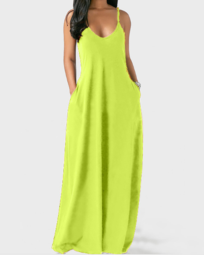 Summer Sleeveless Solid Color Base Casual Maxi Dresses Pink Yellow Red Black Purple Grey Green Blue S-5XL