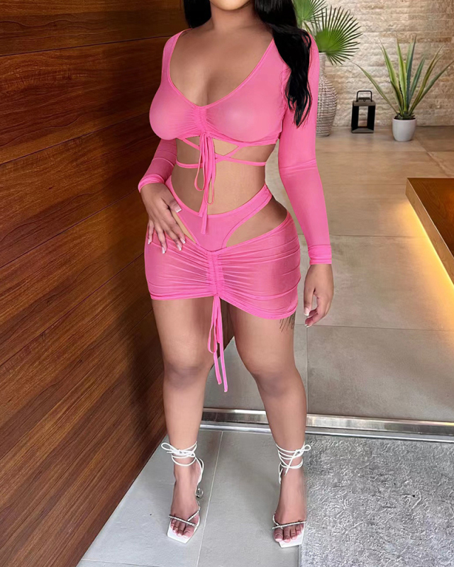 Women Long Sleeve Solid Color Hollow Out Skirt Sets Two Pieces Outfit Pink Brown S-XL