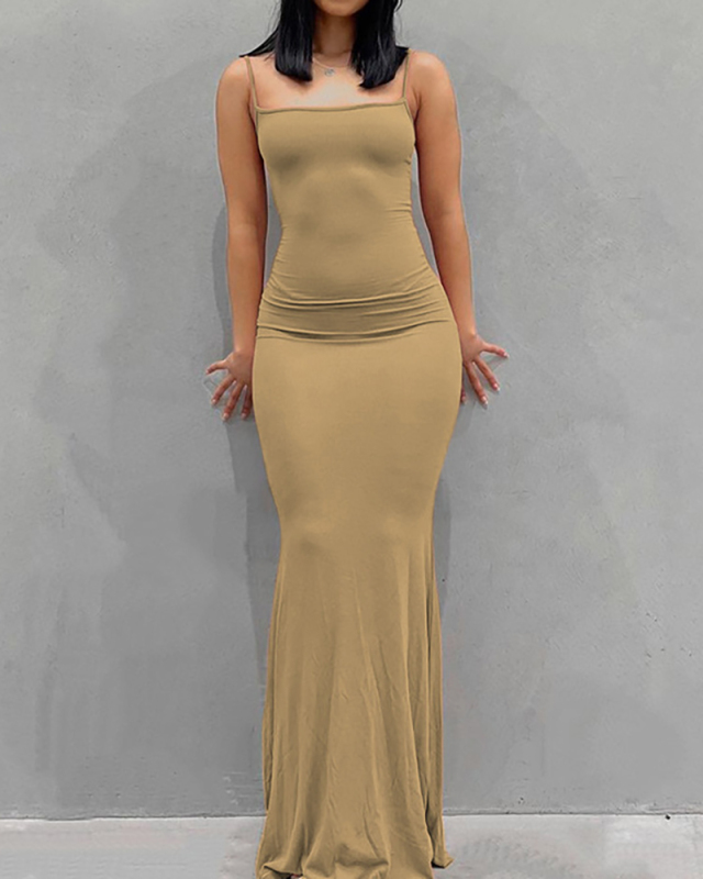 Fashion Solid Color Sleeveless Square Collar Slim Tight Long Dress Maxi Dresses Multi-color Options XS-3XL