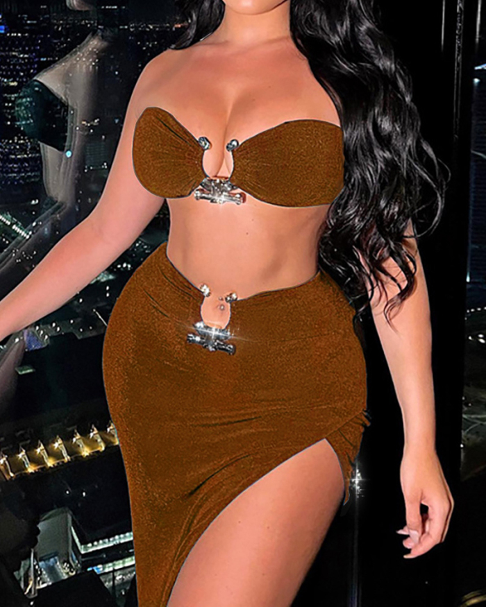 Women Sleeveless Slim High Slit Solid Color Skirt Sets Two Pieces Outfit Green Brown Black Khaki S-2XL