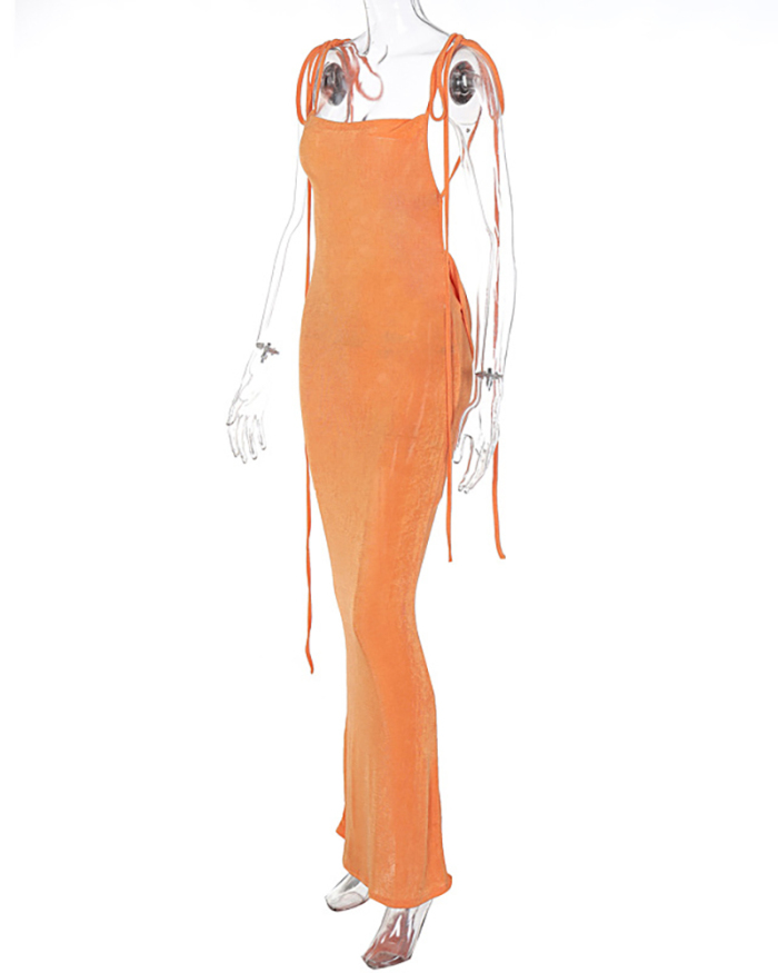 Women Backless Solid Color Halter Neck Slim One-piece Dress White Blue Orange S-L