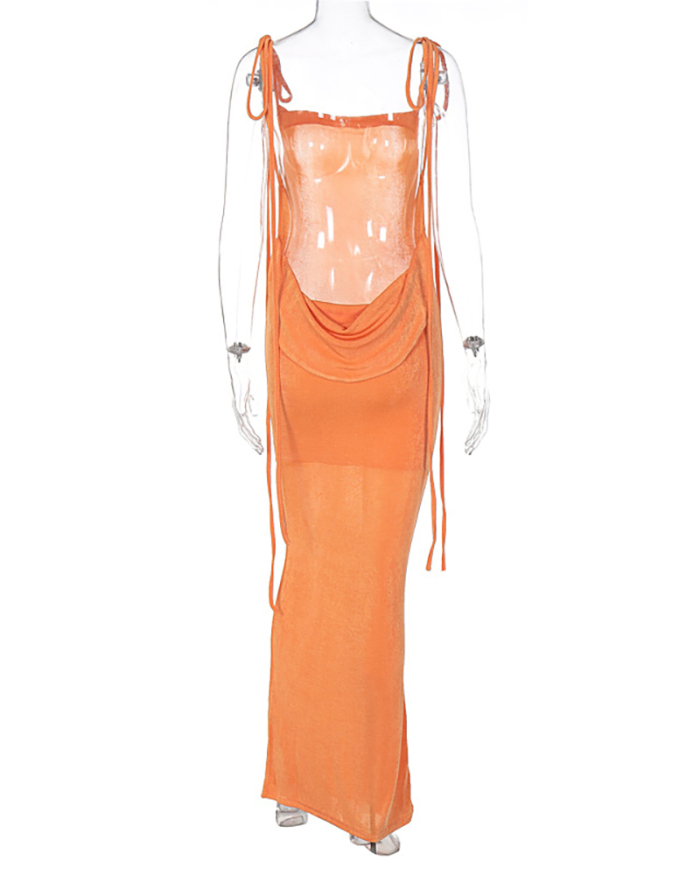 Women Backless Solid Color Halter Neck Slim One-piece Dress White Blue Orange S-L