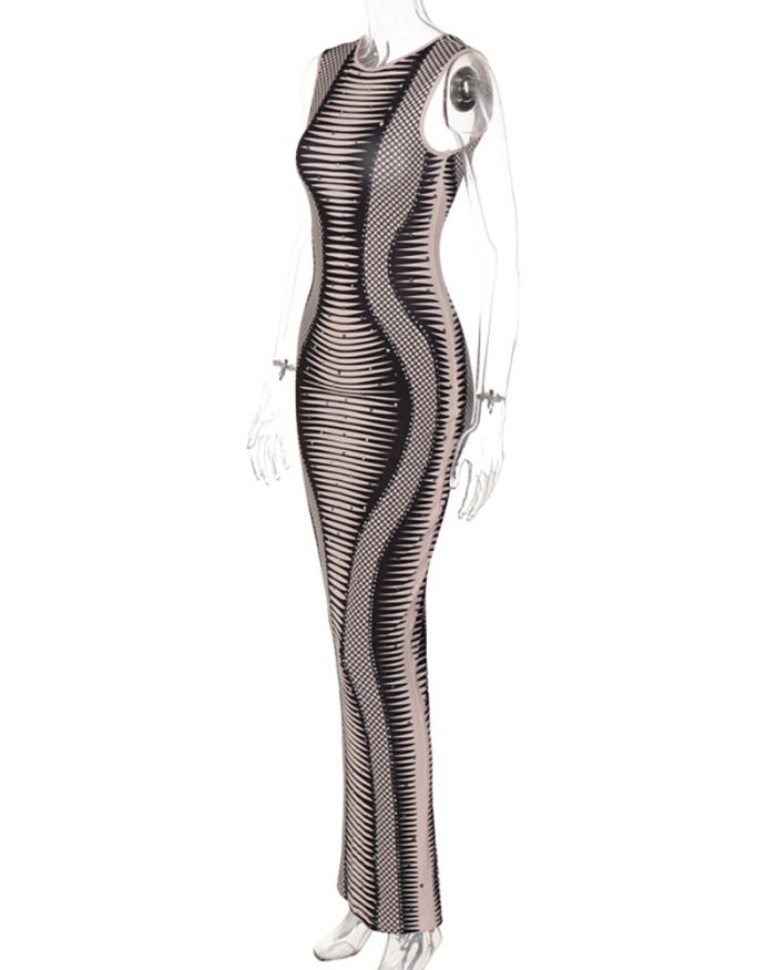 Women Sleeveless Fashion Striped Backless Slit Slim One-piece Dress Black S-L