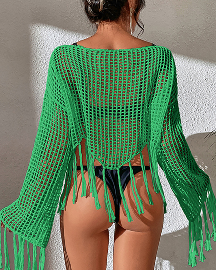 Women Long Sleeve Solid Color Hollow Out Knit Tassel Beach Cover Ups White Green Black One Size