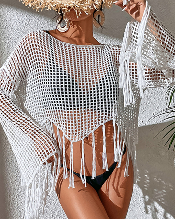 Women Long Sleeve Solid Color Hollow Out Knit Tassel Beach Cover Ups White Green Black One Size