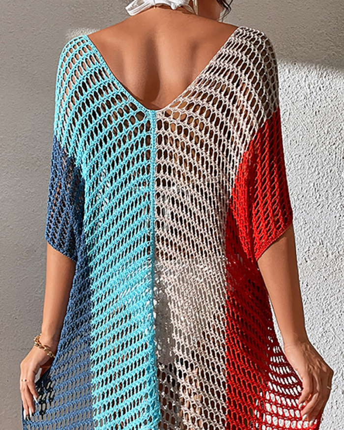 Women V-neck Hollow Out Knit Colorblock Beach Dresses Red Pink Blue One Size