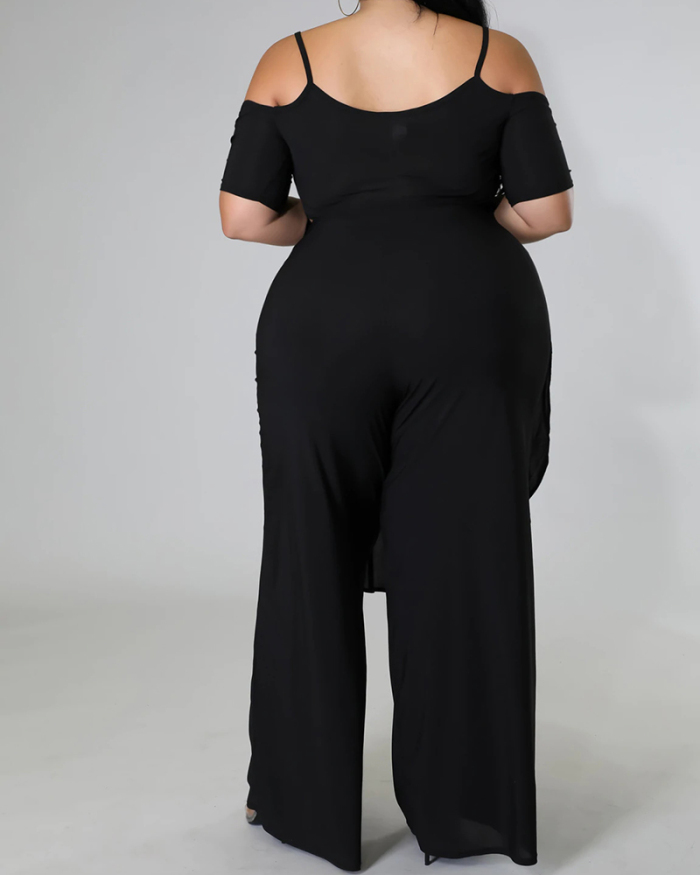 Women Off Shoulder Short Sleeve Solid Color Long Plus Size Two Piece Sets Black Grey Green XL-5XL