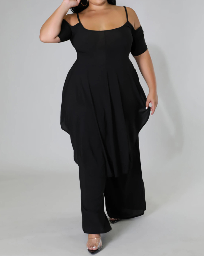 Women Off Shoulder Short Sleeve Solid Color Long Plus Size Two Piece Sets Black Grey Green XL-5XL