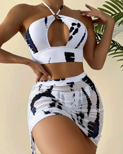 Women Hollow Out High Waist Sexy Printed Three-piece Swimsuit Black Purple S-XL