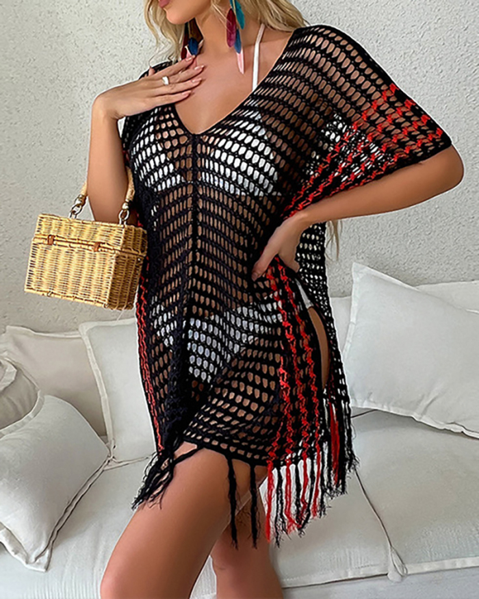 Women Loose Colorblock Solid Color Hollow Out Knit Beach Cover Tassel Dress Brown Black Blue One Size