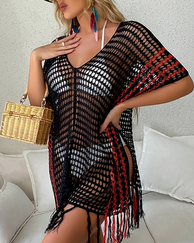 Women Loose Colorblock Solid Color Hollow Out Knit Beach Cover Tassel Dress Brown Black Blue One Size