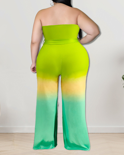Women Sleeveless Gradients Tie Dye Summer Plus Size Jumpsuit Yellow Green Apricot XL-5XL