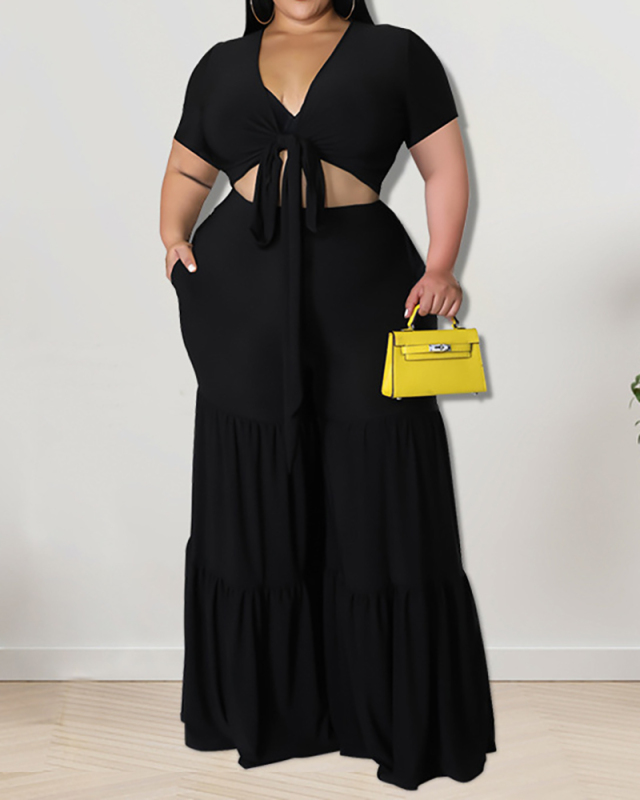 Summer Womans Short Sleeve Solid Color V-neck Crop Top Long Pants Suits Plus Size Two Piece Sets Yellow Purple Black Rosy Green Blue XL-5XL