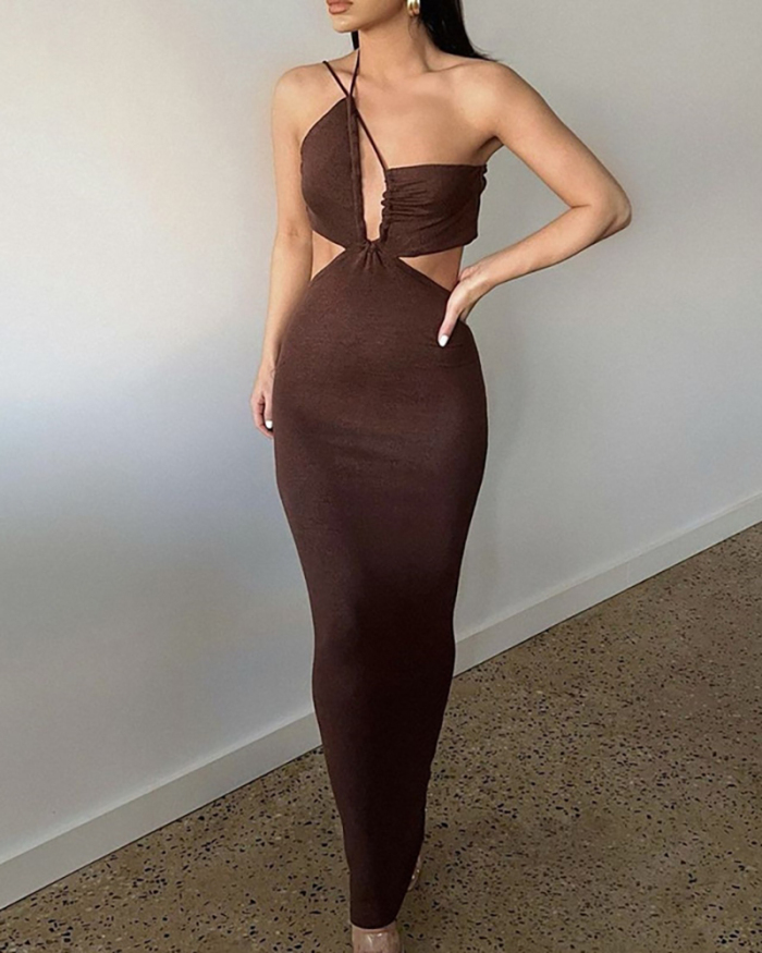Summer Woman Sexy Halter Neck Solid Color Backless Slim Bodycon Maxi Dresses Brown S-L