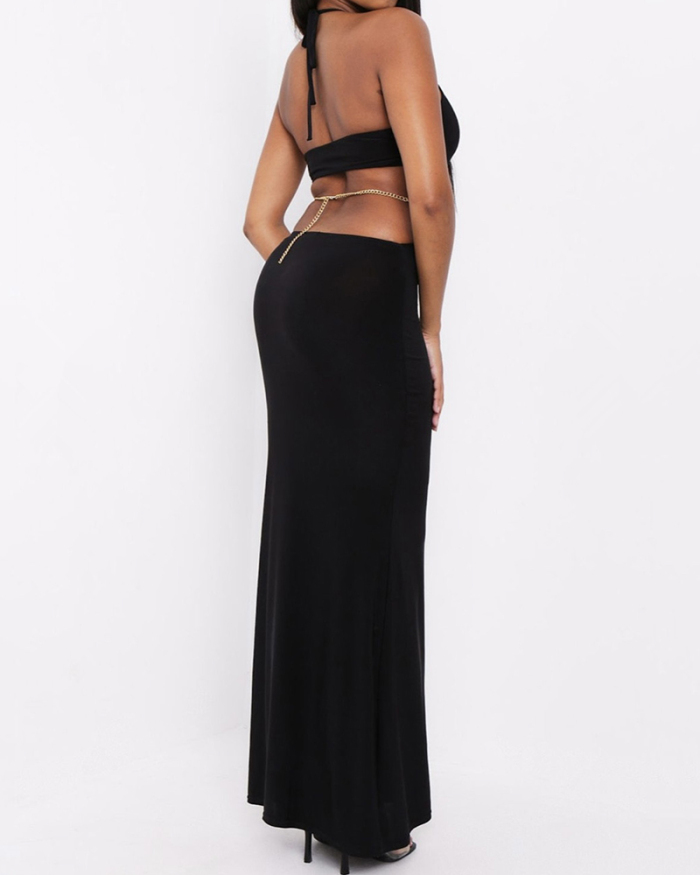 Elegant Women Backless Hollow Out Slim Maxi Evening Dress Black S-L