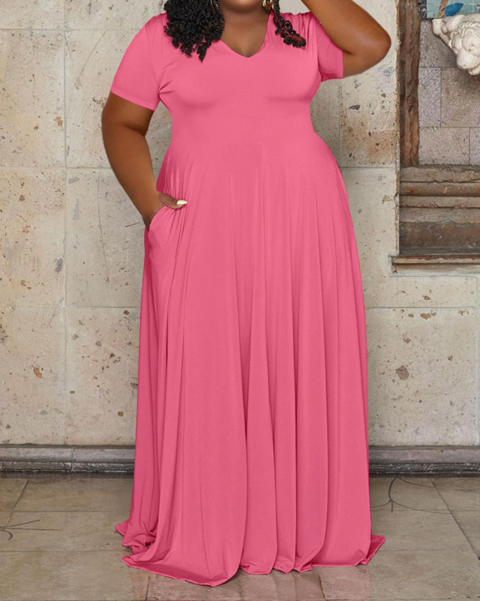 Women Short Sleeve Solid Color Lapel Maxi Plus Size Dresses White Pink Black Blue Rose Red XL-5XL