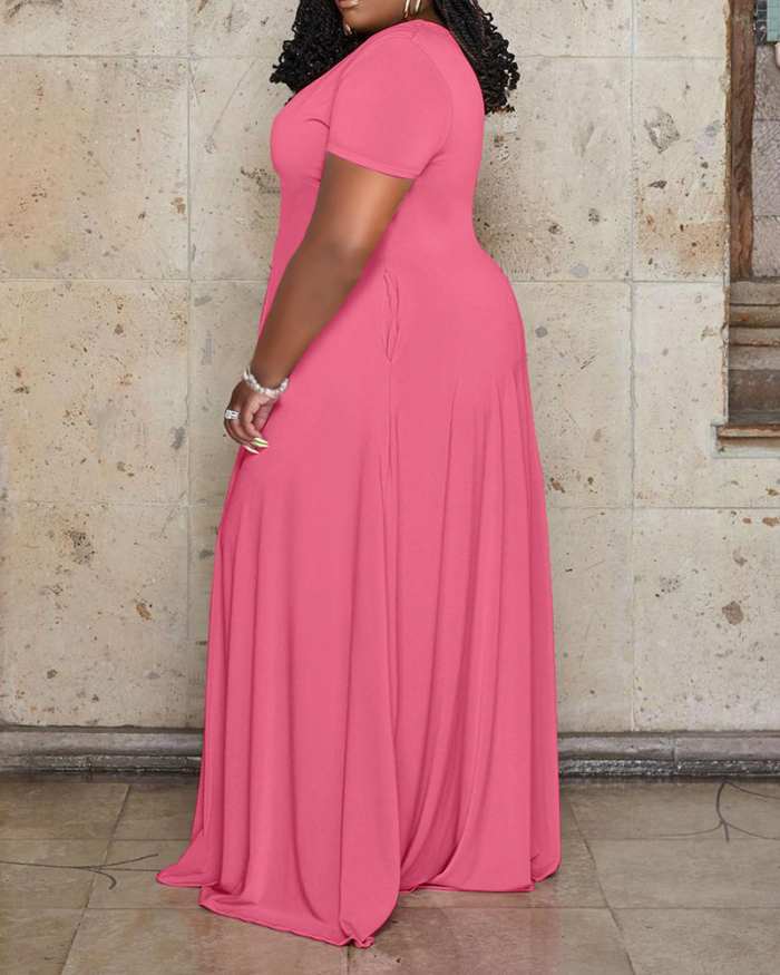 Women Short Sleeve Solid Color Lapel Maxi Plus Size Dresses White Pink Black Blue Rose Red XL-5XL