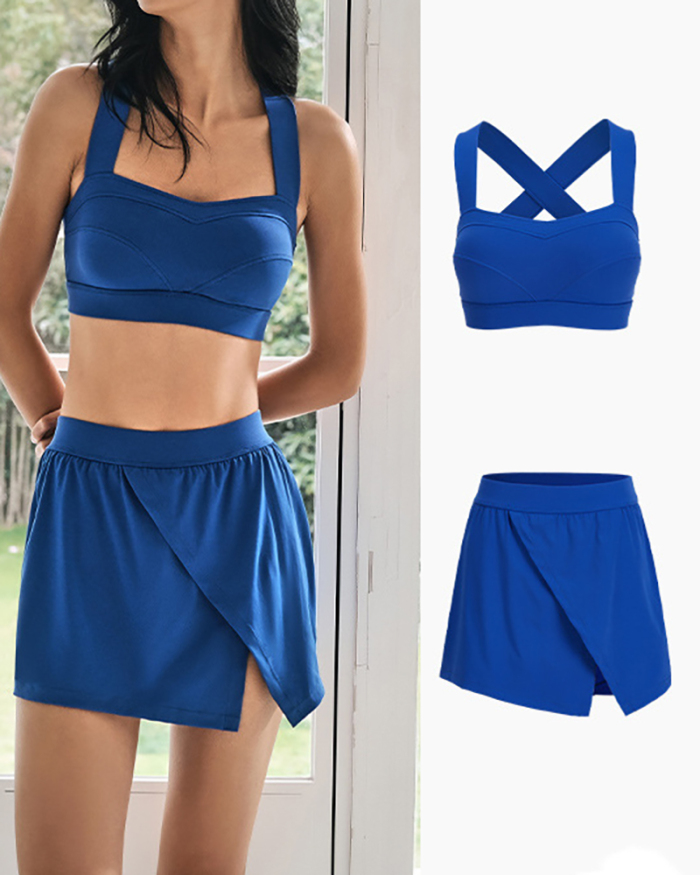 New Summer Criss Cross Back Sport Bra Yoga Sport Shorts Blue Beige S-L