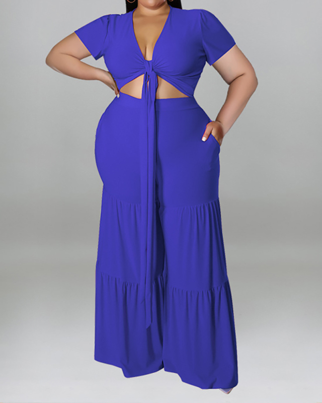 Summer Womans Short Sleeve Solid Color V-neck Crop Top Long Pants Suits Plus Size Two Piece Sets Yellow Purple Black Rosy Green Blue XL-5XL