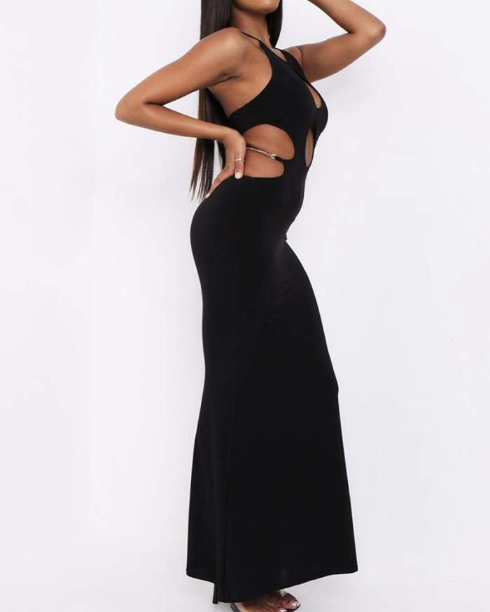 Elegant Women Backless Hollow Out Slim Maxi Evening Dress Black S-L
