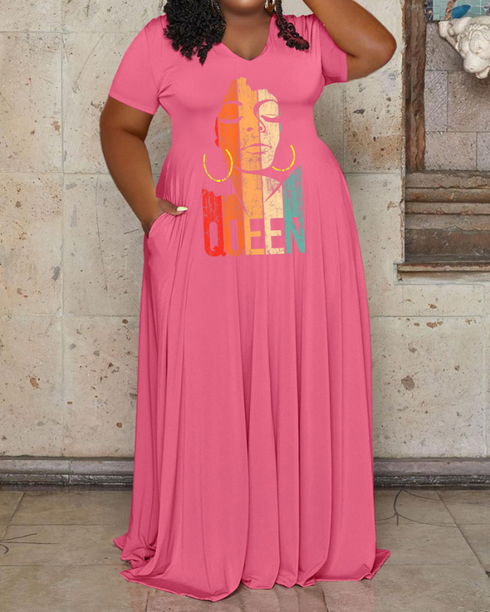 Hot Sale Women Short Sleeve Printed Lapel Maxi Plus Size Dresses White Blue Black Pink Rosy XL-5XL