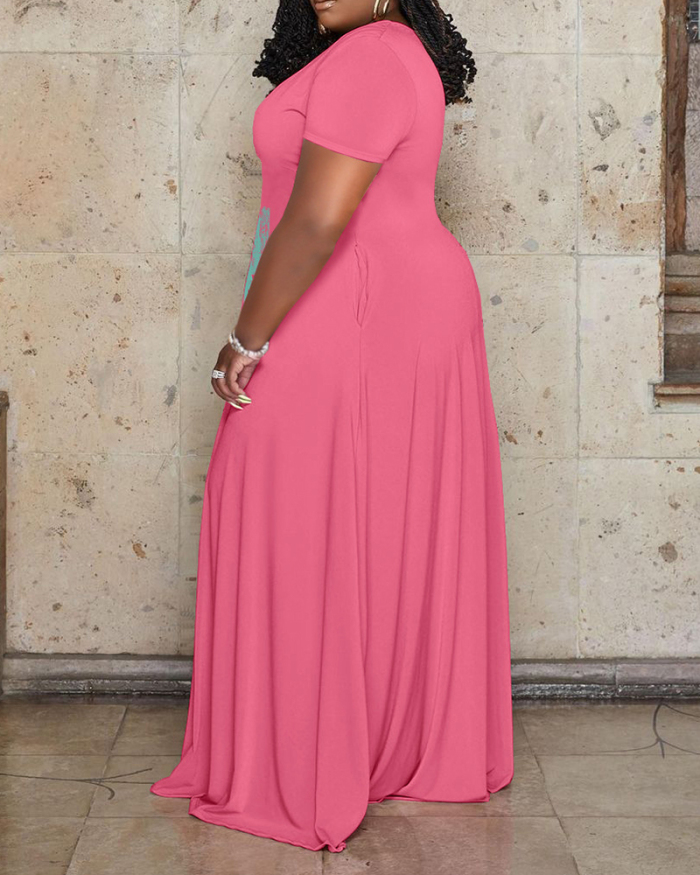 Hot Sale Women Short Sleeve Printed Lapel Maxi Plus Size Dresses White Blue Black Pink Rosy XL-5XL