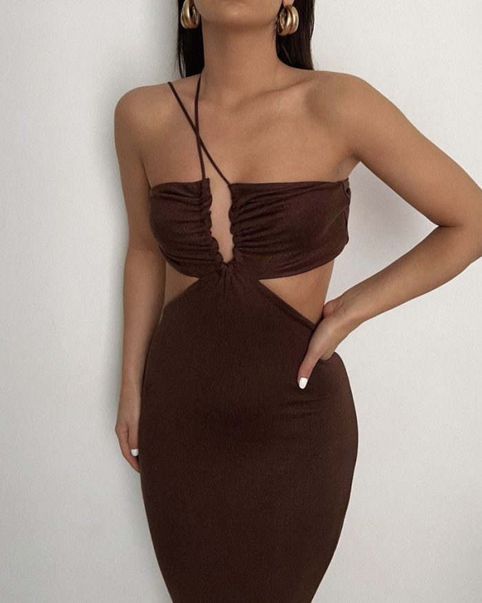 Summer Woman Sexy Halter Neck Solid Color Backless Slim Bodycon Maxi Dresses Brown S-L