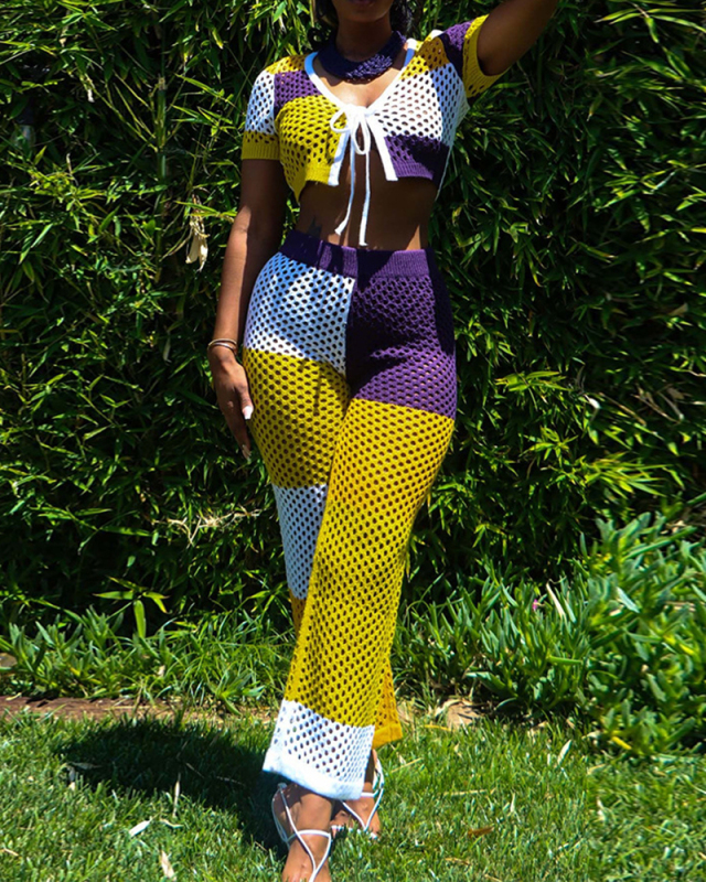 Women Summer Colorblock V-neck Mesh Hollow Out Pants Sets Two pieces Outfit Orange Red Purple Black S-2XL