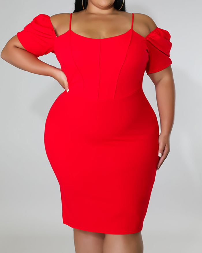 Women Off Shoulder Short Sleeve Solid Color Midi Plus Size Dresses Red Black Blue L-4XL