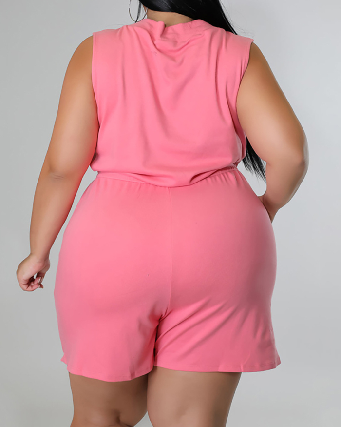 Woman High Waist V-neck Sleeveless Pocket Plus Size Romper White Pink Black L-4XL