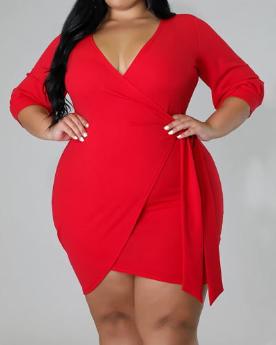 Women Long Sleeve Solid Color V-neck Wrap Plus Size Dresses Red Black Blue L-4XL