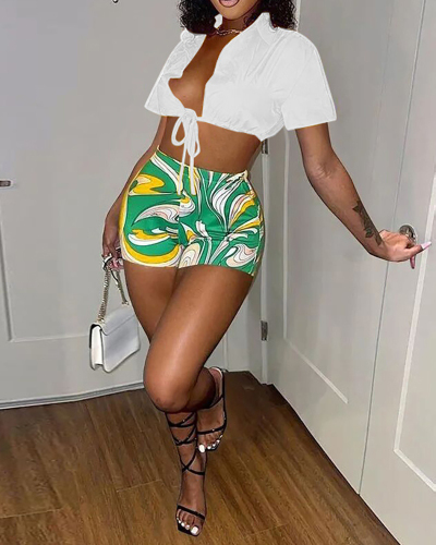 Women Short Sleeve Print Crop Top Short Sets Two Pieces Outfit White Pink Yellow Green S-2XL
