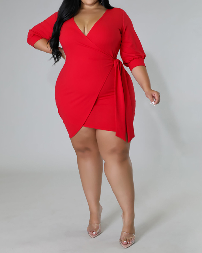 Women Long Sleeve Solid Color V-neck Wrap Plus Size Dresses Red Black Blue L-4XL