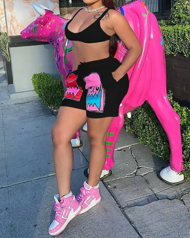 Women Backless Cartoon Short Sets Two Pieces Outfit White Pink Orange Black Royal Blue S-2XL