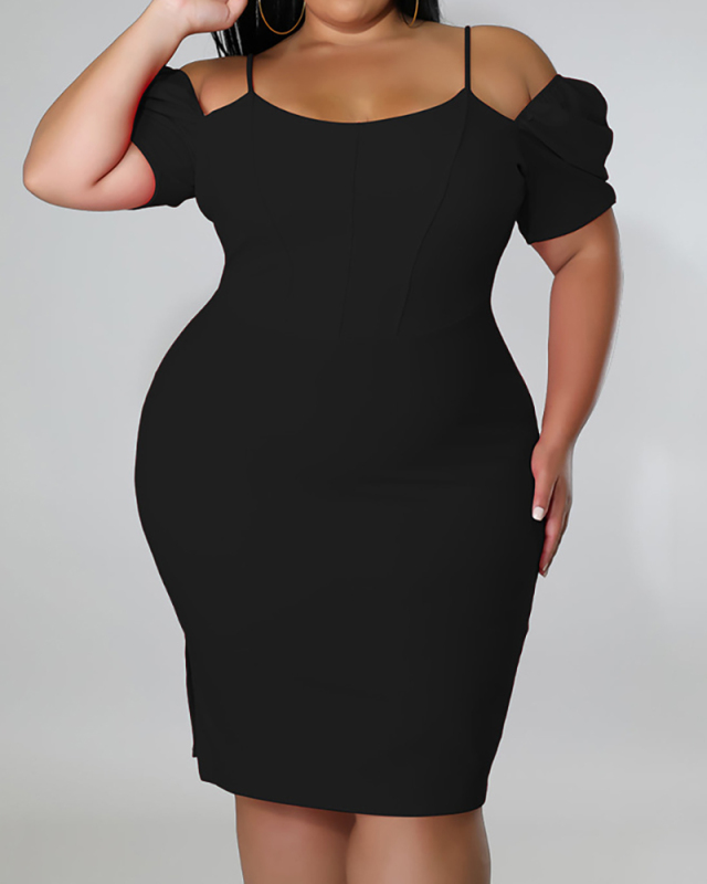 Women Off Shoulder Short Sleeve Solid Color Midi Plus Size Dresses Red Black Blue L-4XL
