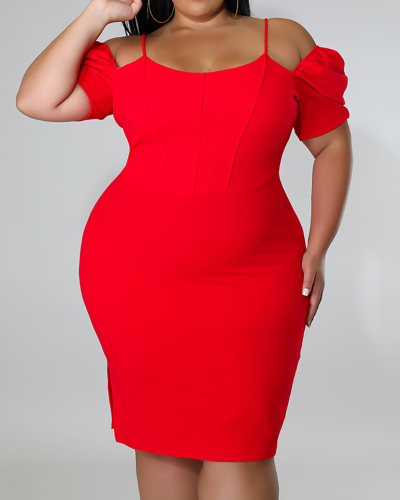 Women Off Shoulder Short Sleeve Solid Color Midi Plus Size Dresses Red Black Blue L-4XL