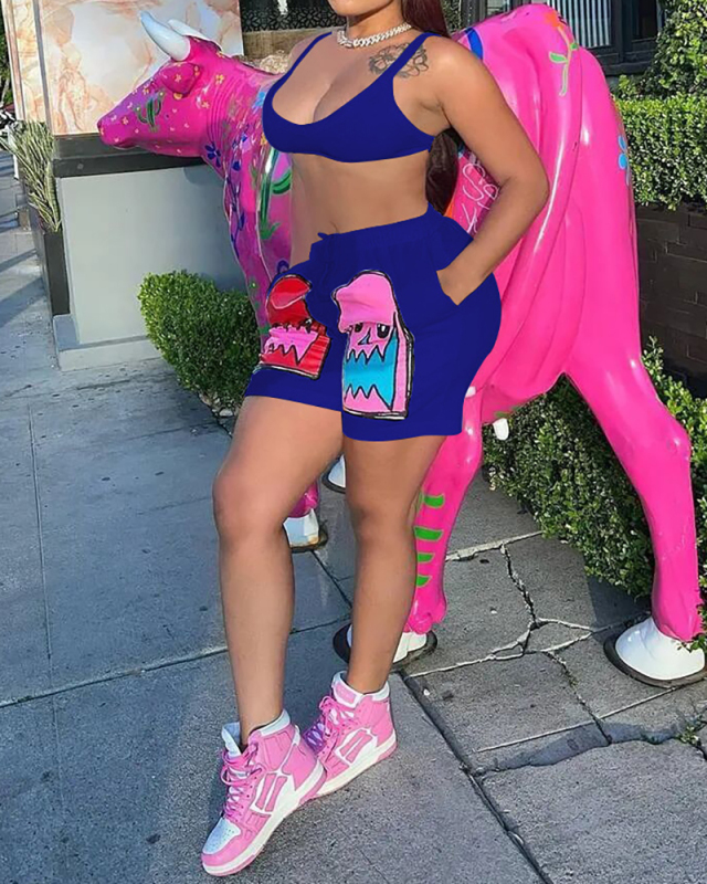 Women Backless Cartoon Short Sets Two Pieces Outfit White Pink Orange Black Royal Blue S-2XL