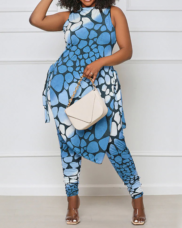 Women Sleeveless Printed Fashion Irregular Plus Size Two Piece Sets Orange Red Blue L-4XL