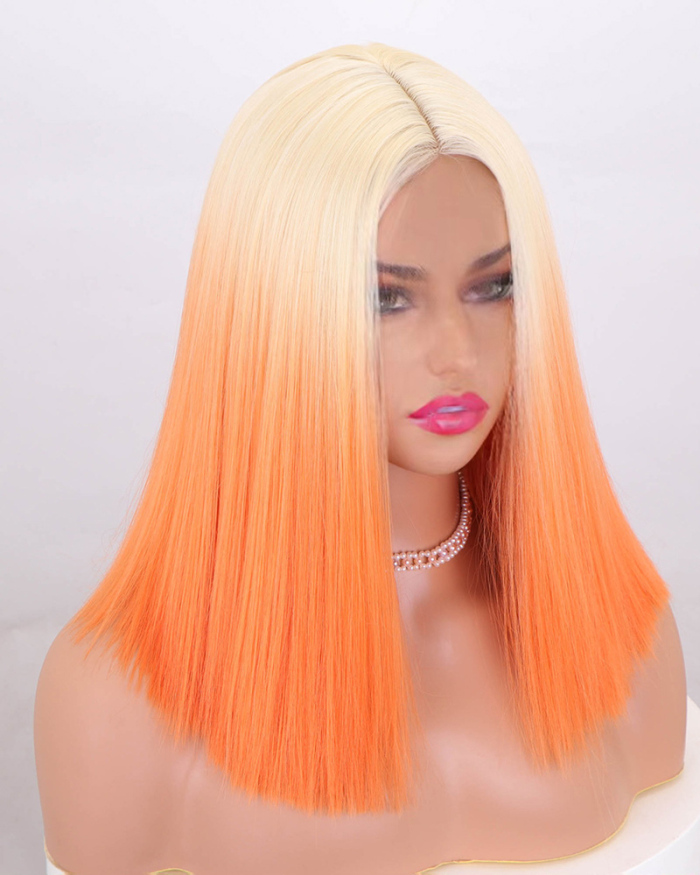 14inch Short Straight Synthetic BOB Wig For Black Women Middle Part Ombre Orange Blonde Color Heat Resistant Wig