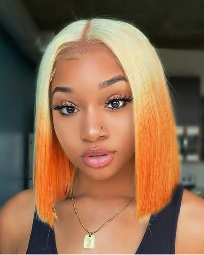 14inch Short Straight Synthetic BOB Wig For Black Women Middle Part Ombre Orange Blonde Color Heat Resistant Wig