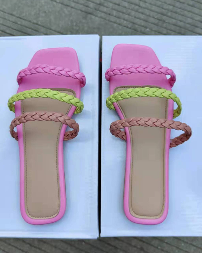 Summer Square Head Flat Bottom Woven Hollow Slippers Women's Colorblock Outerwear Beach Sandals