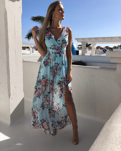 Chiffon High Cut Vneck Vacation Long Dress Sundress S-XXL