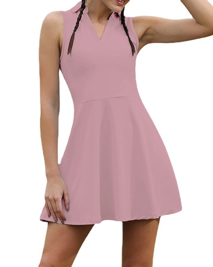 Women Sleeveless Solid Color V-neck Tennis Golf Dress With Shorts Yoga Two-piece Suit Blue Pink Black White XS-2XL