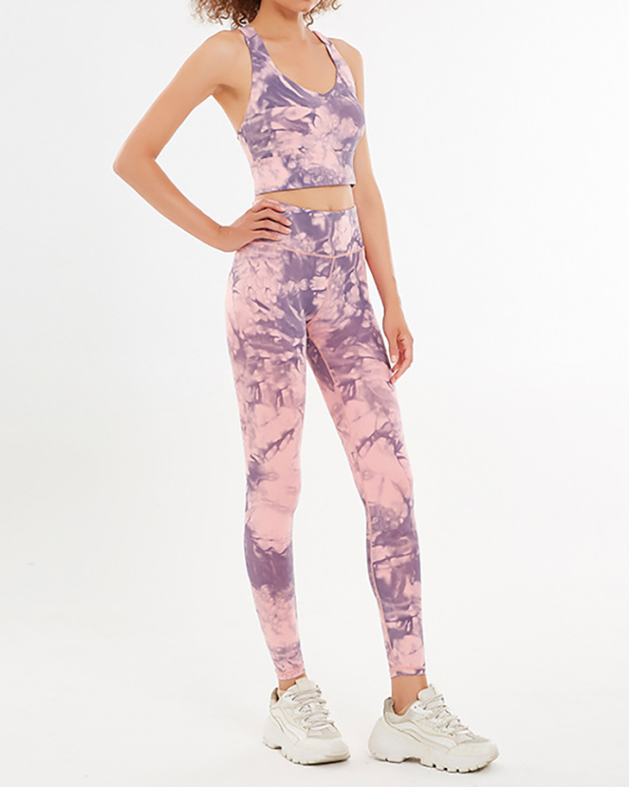 Women Sleeveless Printed V-neck Fitness Yoga Two-piece Suits Pink Blue Green Purple XS-XL