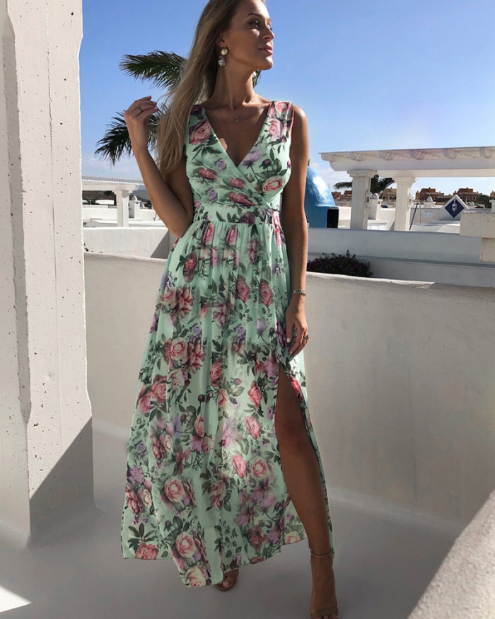 Chiffon High Cut Vneck Vacation Long Dress Sundress S-XXL