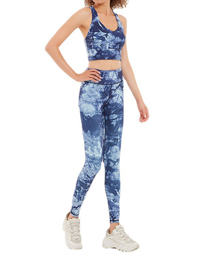 Women Sleeveless Printed V-neck Fitness Yoga Two-piece Suits Pink Blue Green Purple XS-XL