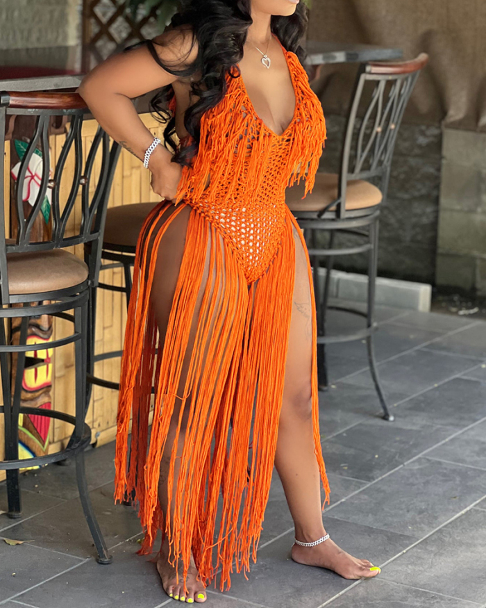Fashion Solid Color Mesh Hollow Out Sexy Halter Neck Knit Beach Dress Rompers Orange White Black S-2XL