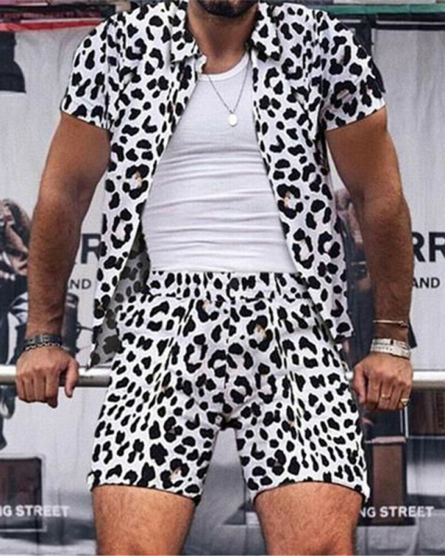 Summer Leopard Lapel T Shirts Causal Beach Wear Hawaii Short Sets Men's Two-piece Suit S-4XL